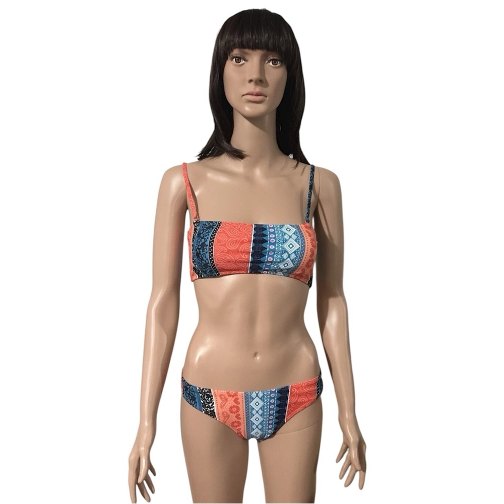 SHEIN Women’s XS Boho Patchwork Bikini Set Bandeau Top Adjustable Strap Swimwear